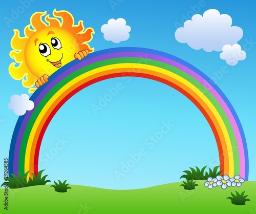 Sun holding rainbow on blue sky