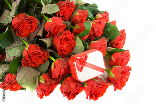 bunch of roses with gift box isolated on the white background