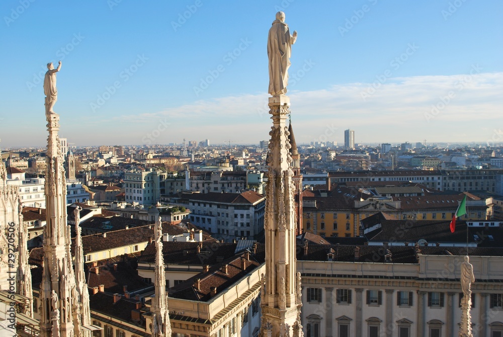 Panoramic view of Milan from cathedral roof, Lombardy, Italy