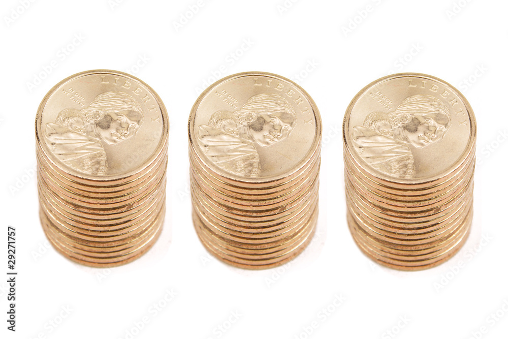 Three Stacks of Gold Coins Isolated on White Background Three Stacks of Gold Coins Isolated on White Background