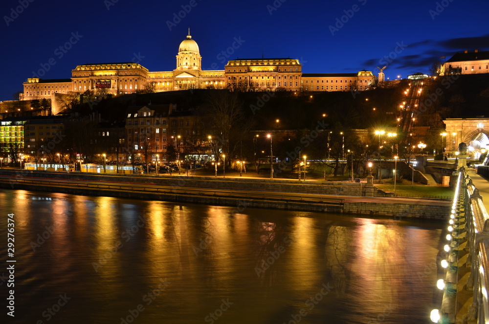 Budapest, Buda castle on Danube River by night