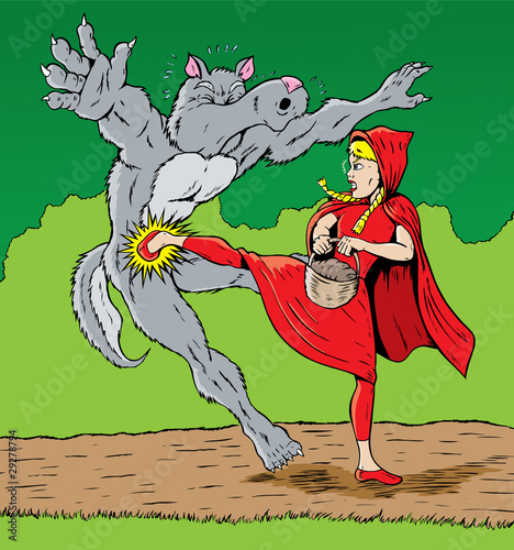 Little Red Riding Hood kicking the wolf, good for self defense.