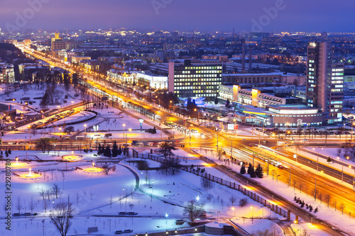 Night winter panorama of Minsk  Belarus