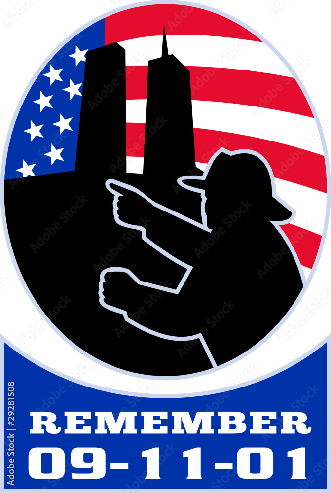 9-11 fireman firefighter american flag twin tower Stock Vector | Adobe ...