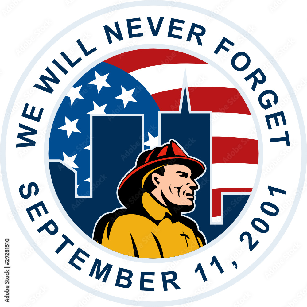 9-11 firefighter hero twin tower building american flag Stock Vector ...