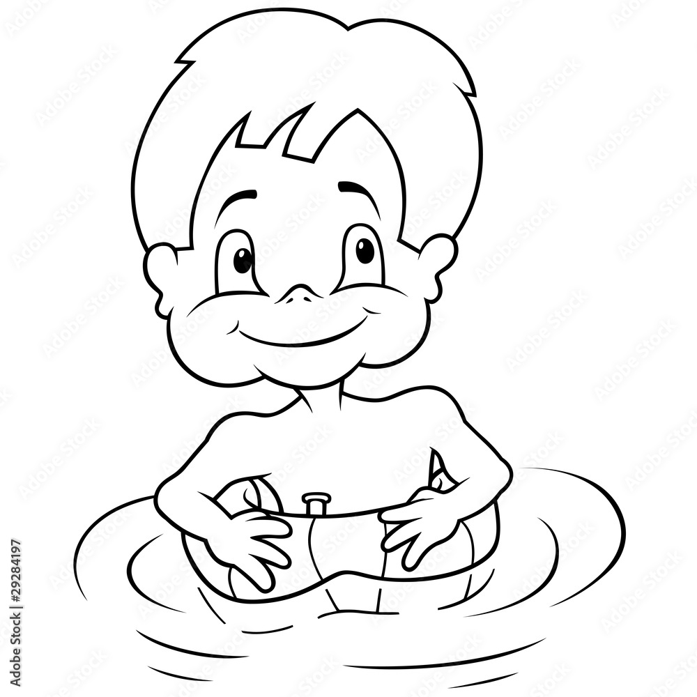 Boy and Inflatable Swim Ring - Black Cartoon illustration Boy and Inflatable Swim Ring - Black Cartoon illustration
