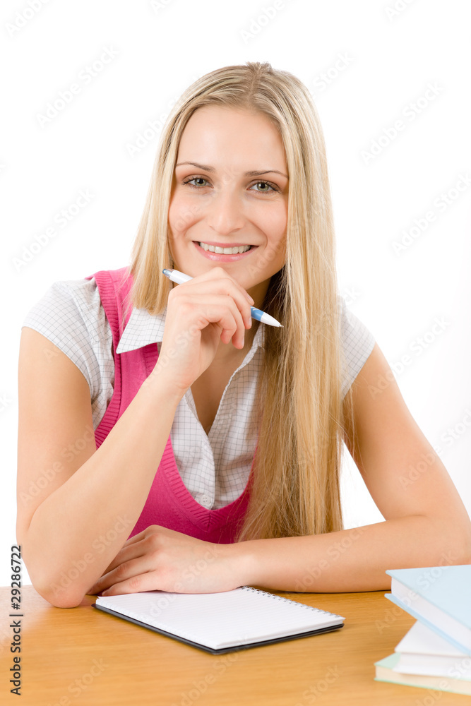 Happy student woman write homework Happy student woman write homework