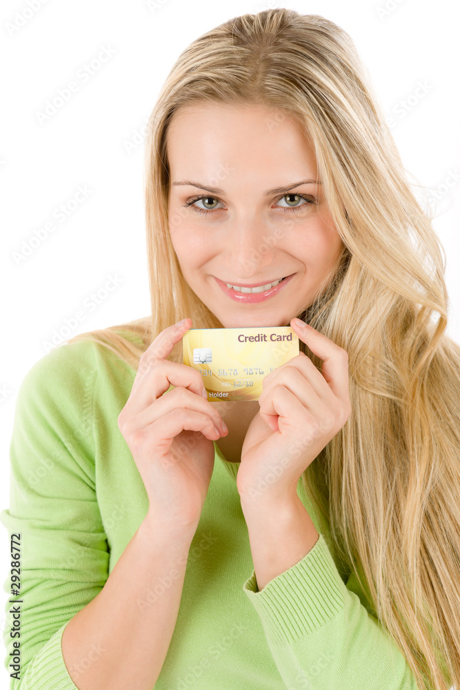 Home shopping - young woman holding credit card Home shopping - young woman holding credit card
