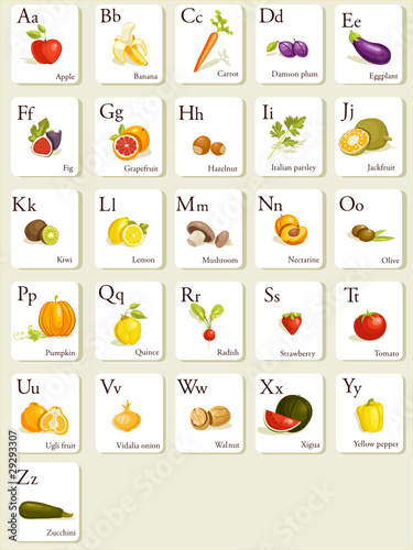 Fruits and vegetables  alphabet cards , illustration