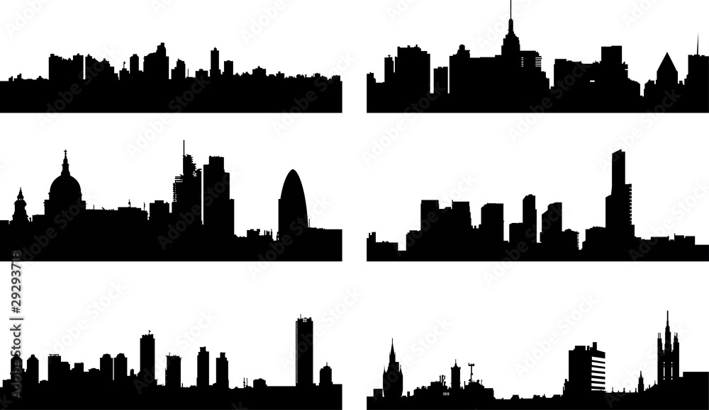 A collage of six different European city silhouettes