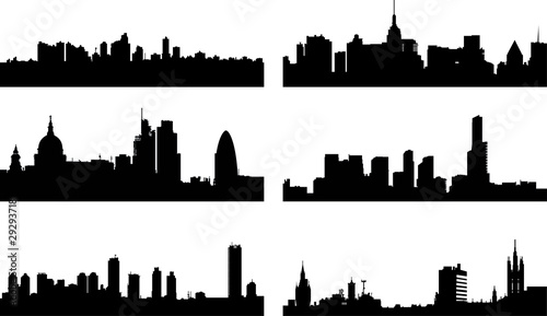 A collage of six different European city silhouettes