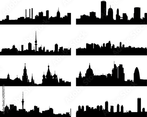 A collage of eight different European city silhouettes
