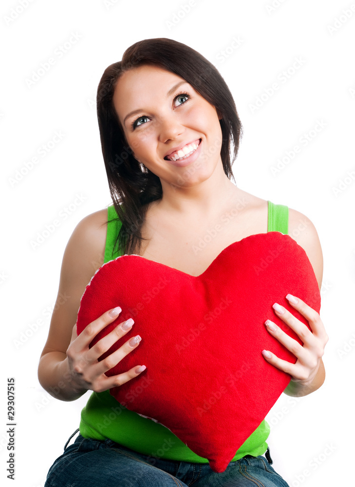 young brunette with red heart isolated young brunette with red heart isolated
