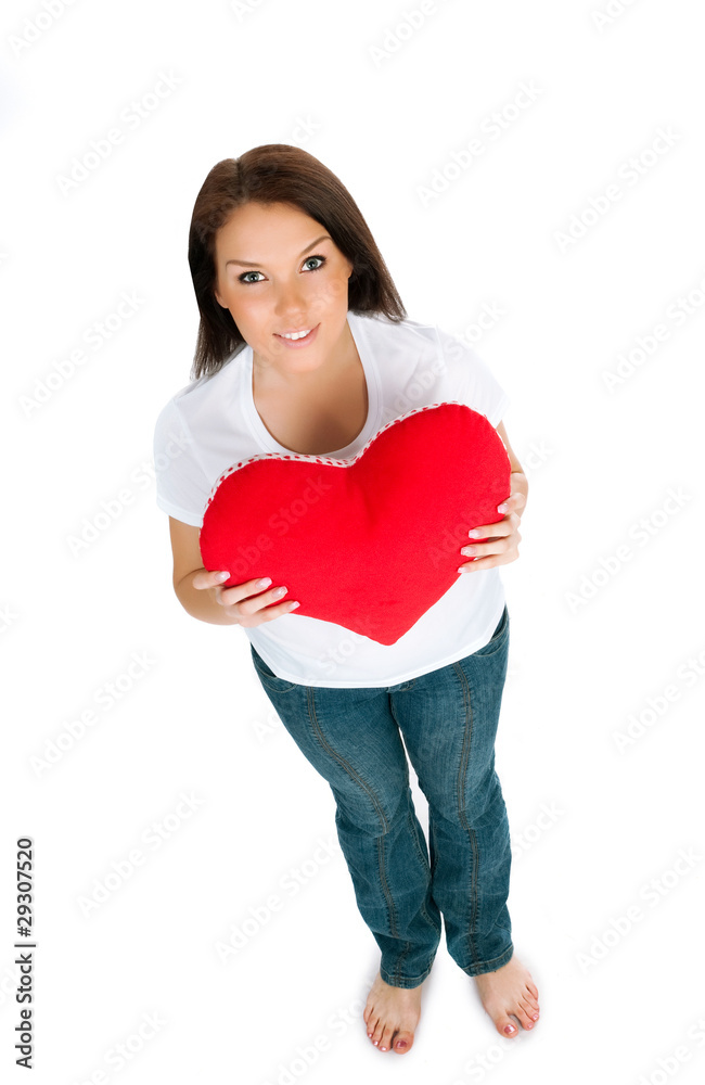 young brunette with red heart isolated young brunette with red heart isolated