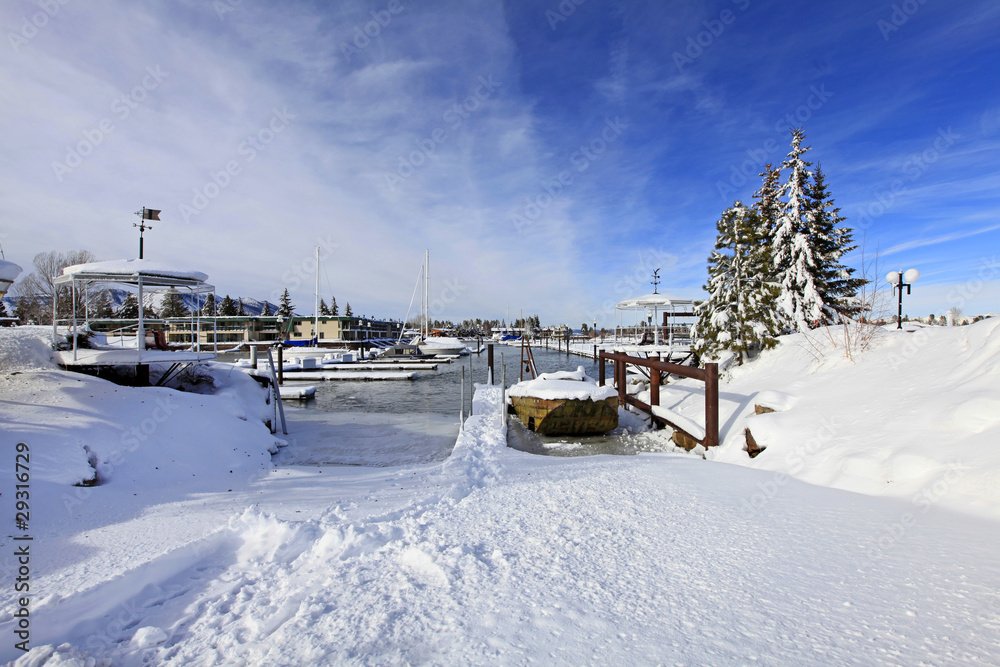 Boat lounge and marina during the winter