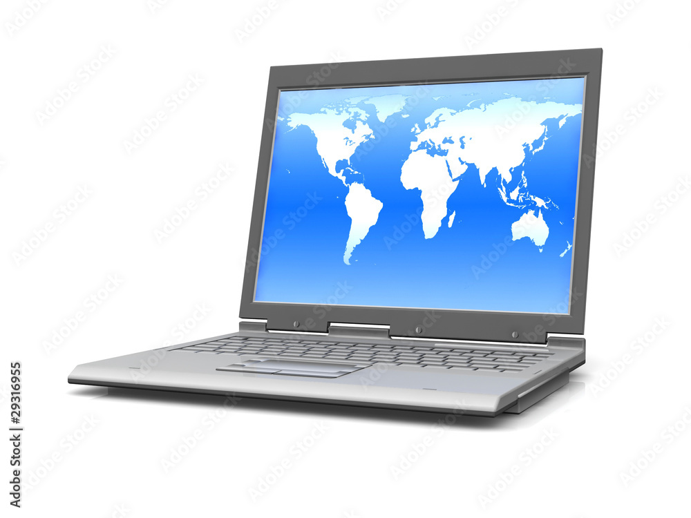 professional Laptop isolated on white with world map professional Laptop isolated on white with world map