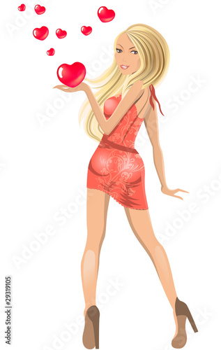 Beautiful blond looking at camera with hearts