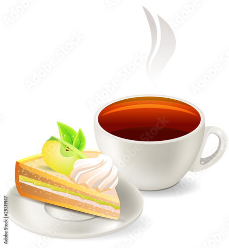 Cup of hot tea with slice of apple cake