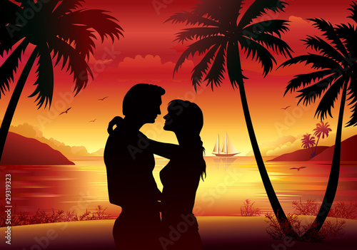 Young couple in silhouette, romance evening