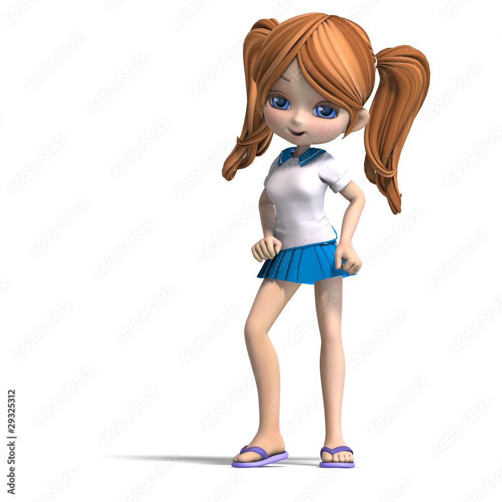 cute little cartoon school girl with pigtails. 3D rendering cute little cartoon school girl with pigtails. 3D rendering