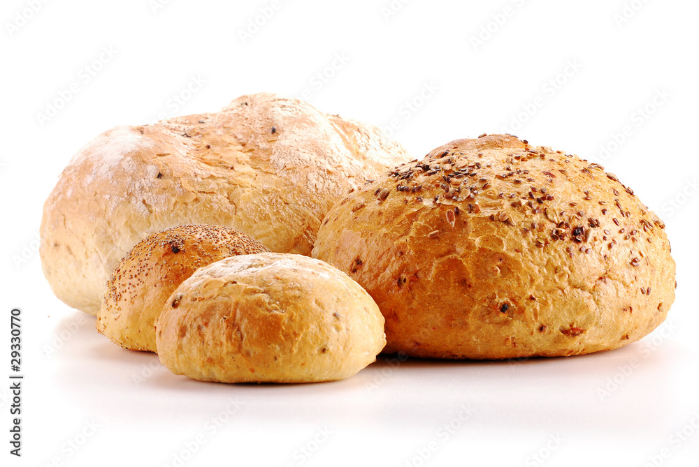 Loafs of bread and rolls isolated on white Loafs of bread and rolls isolated on white