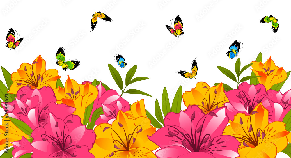 Beautiful Lily with butterflies. Vector