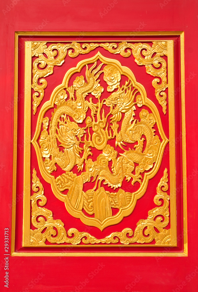 golden dragon decorated on red wood in chinese temple,Nonthaburi