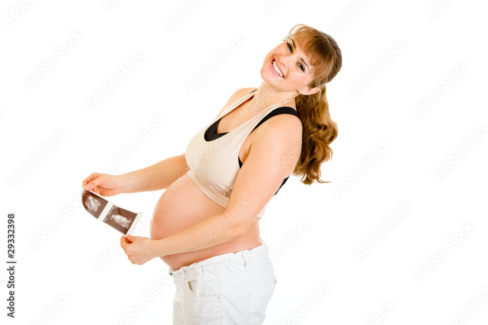Laughing pregnant woman holding echo in hands isolated Laughing pregnant woman holding echo in hands isolated
