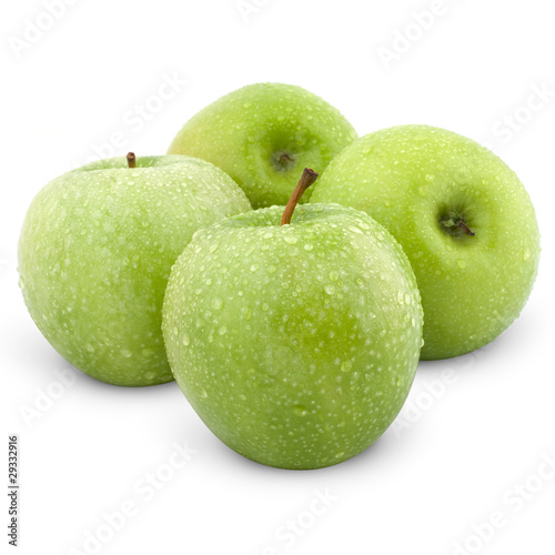 Wet green apples isolated on white