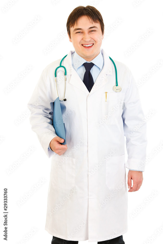 Pleased doctor holding medical chart in hand isolated Pleased doctor holding medical chart in hand isolated