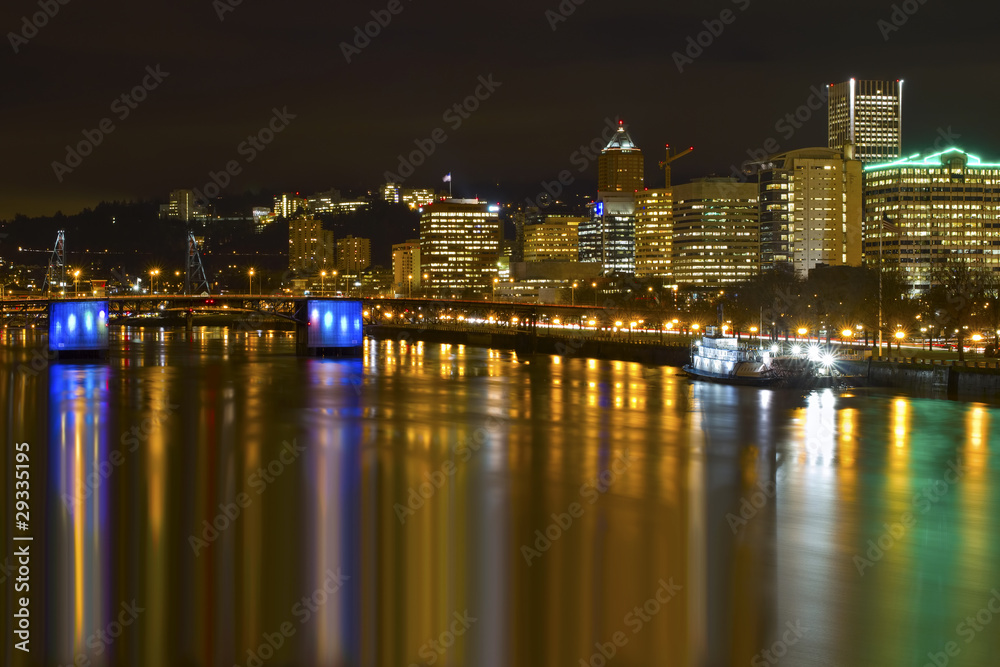 Portland Downtown City Skyline by Waterfront at Night