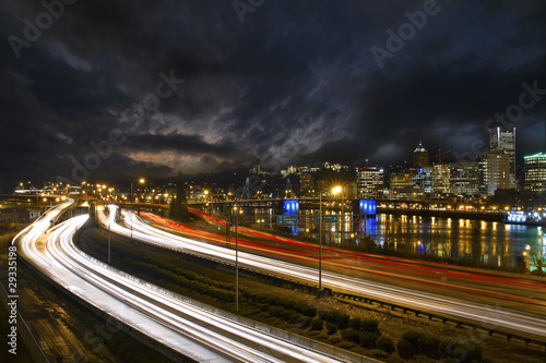 Freeway Light Trails in Downtown Portland Oregon 2 photo