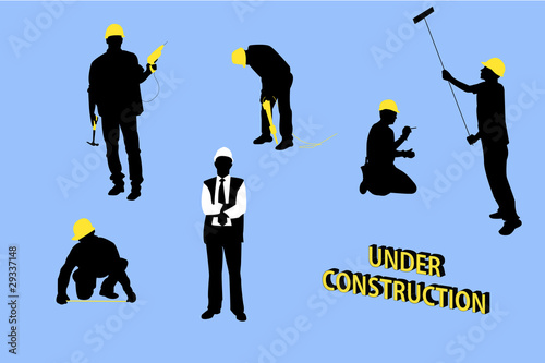 Isolated builders silhouettes on blue background