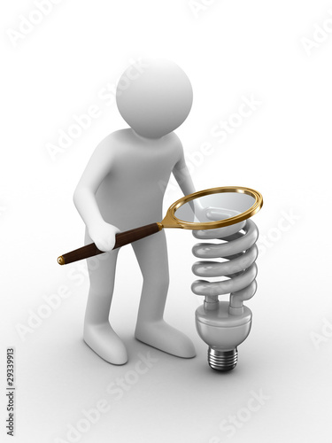Man with magnifier on white...