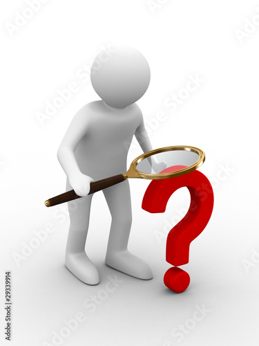 Man with magnifier on white...