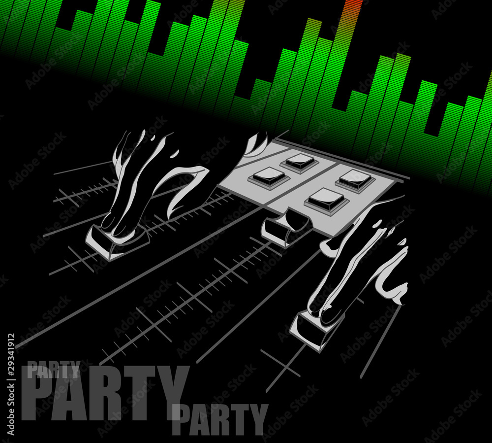 Hands of the DJ over a mixer panel. A background for a party. An Hands of the DJ over a mixer panel. A background for a party. An