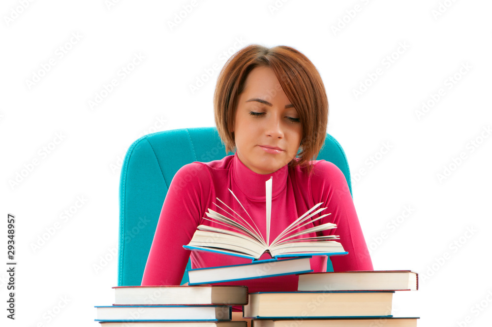 Young female student with many study books Young female student with many study books