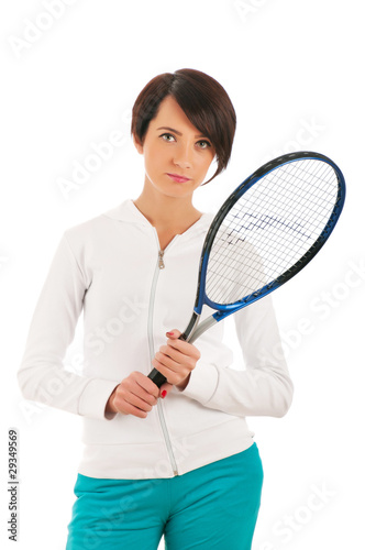 Young girl with tennis racket and bal isolated on white © Elnur