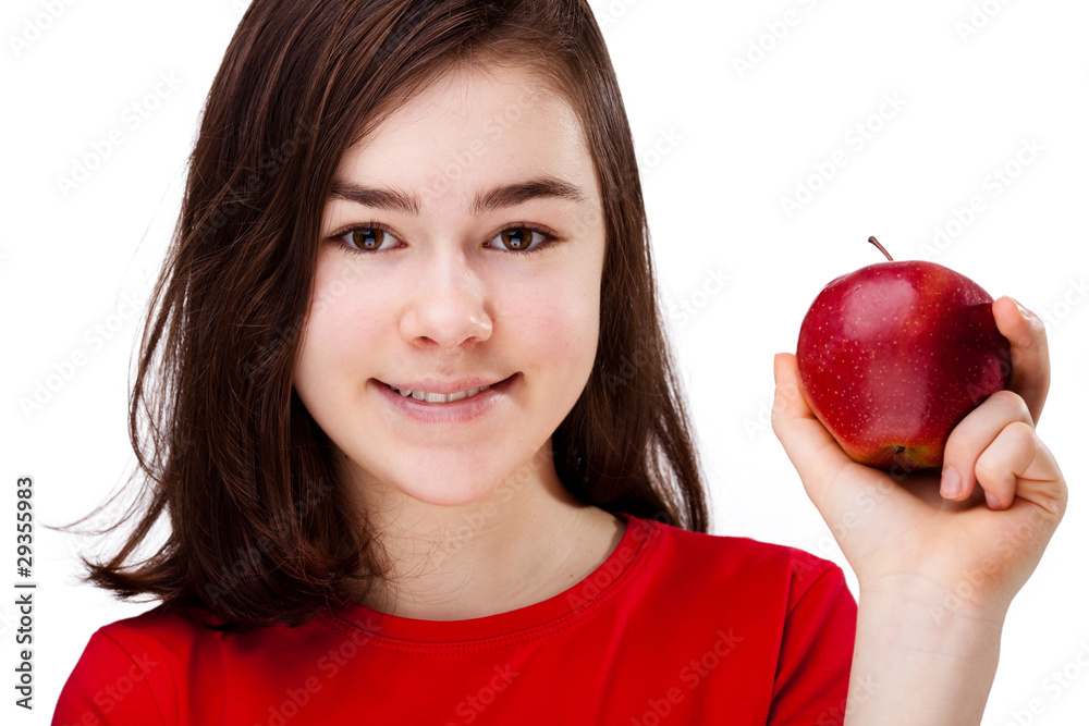 Girl holding apple isolated on white background Girl holding apple isolated on white background