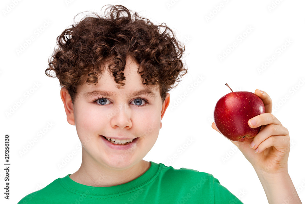 Boy holding apple isolated on white background