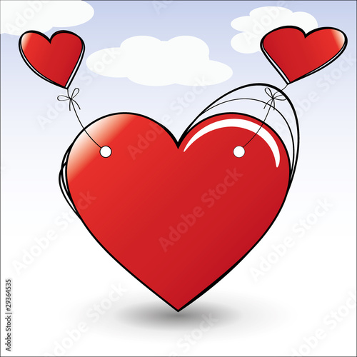 Greeting card with a red heart and two flying hearts