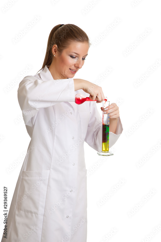 Isolated scientist woman in lab coat with chemical glassware