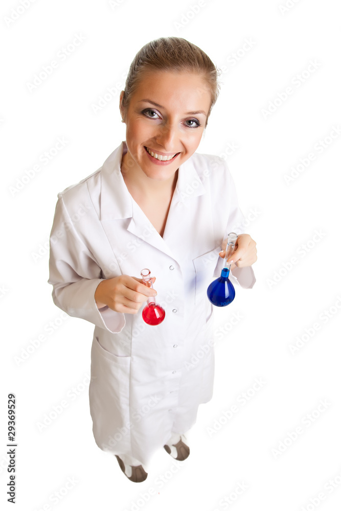 Isolated scientist woman in lab coat with chemical glassware Isolated scientist woman in lab coat with chemical glassware