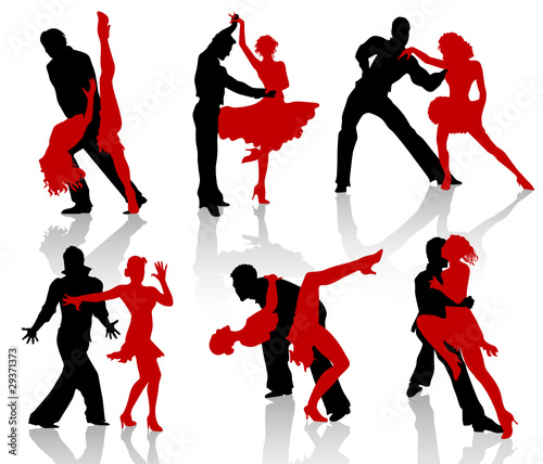 Silhouettes of the pairs dancing ballroom dances. Tango, step.