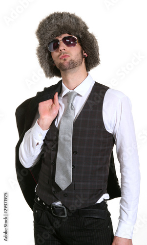 Konstfotografi ragazzo con cappello russo in testa. fondo bianco