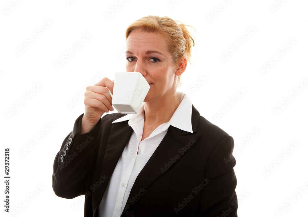 Businesswoman with cup of coffee or tea over white background Businesswoman with cup of coffee or tea over white background