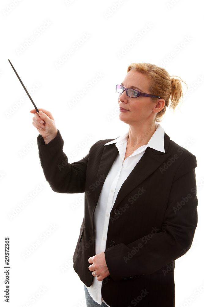 business woman points tot something over white background business woman points tot something over white background