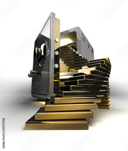 Opened safe with gold ingots isolated on white 3d