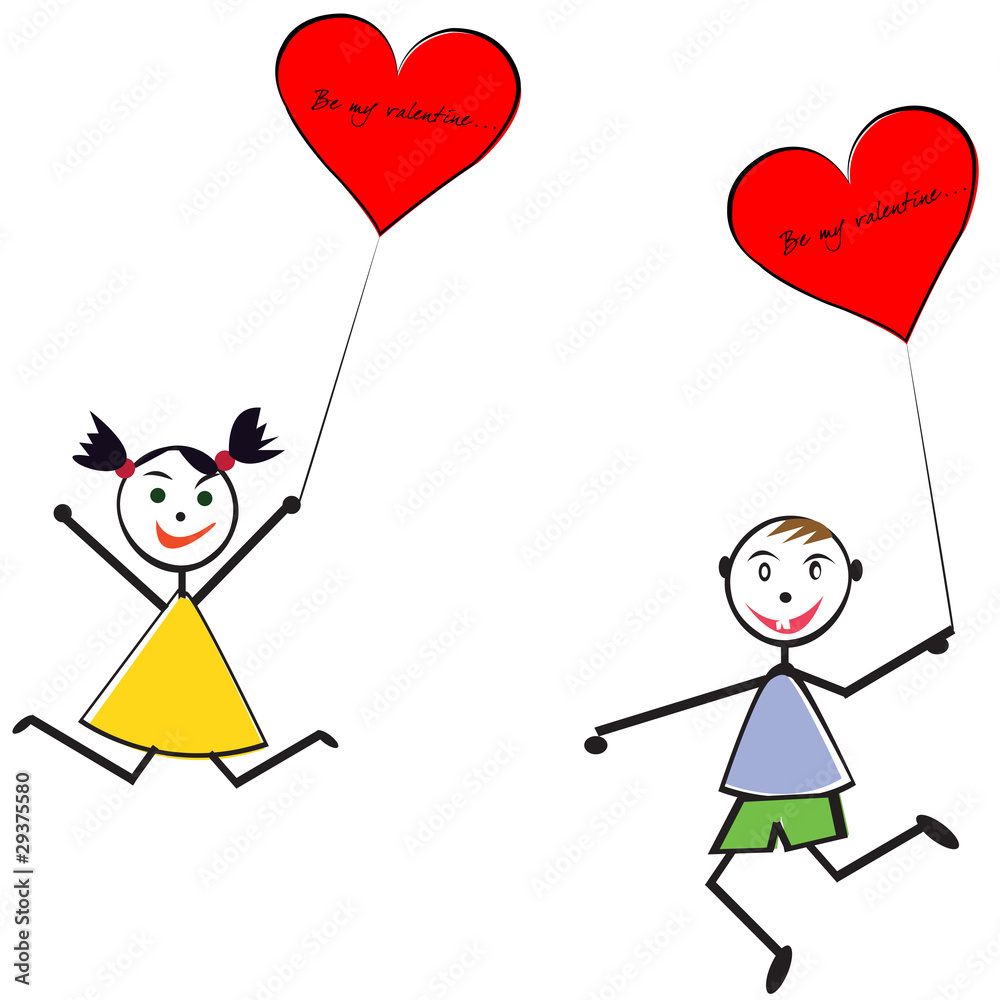 Boy and girl with baloons, Valentine's Day greeting card Boy and girl with baloons, Valentine's Day greeting card