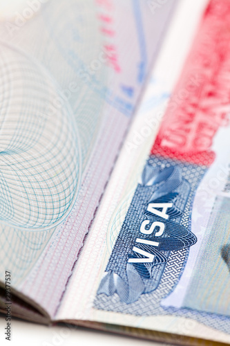 macro shot of a U.S. visa on passport page